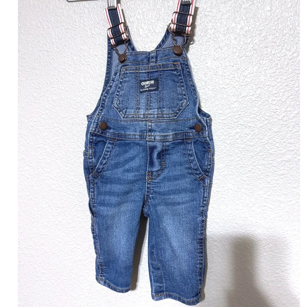 OshKosh Bgosh Denim Overalls Pants Baby Boys 6 Mo Medium Wash Vestbak‎ Striped